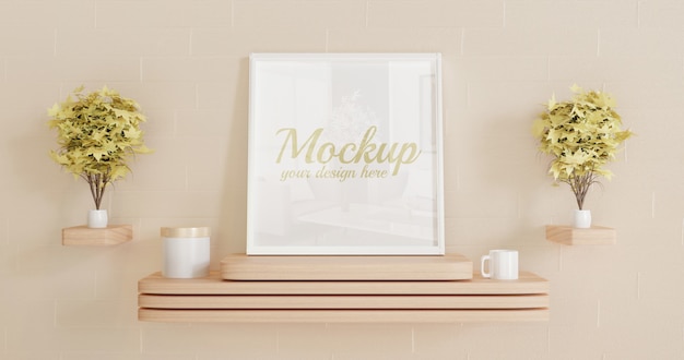 Download White square frame mockup standing on the wooden wall desk with decorative plants | Premium PSD File