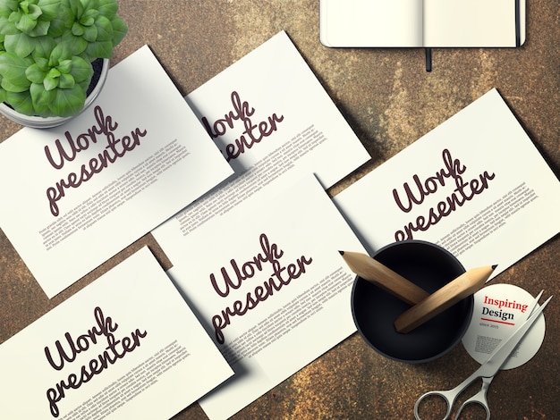 White work presenter on wooden desktop mock up PSD Template