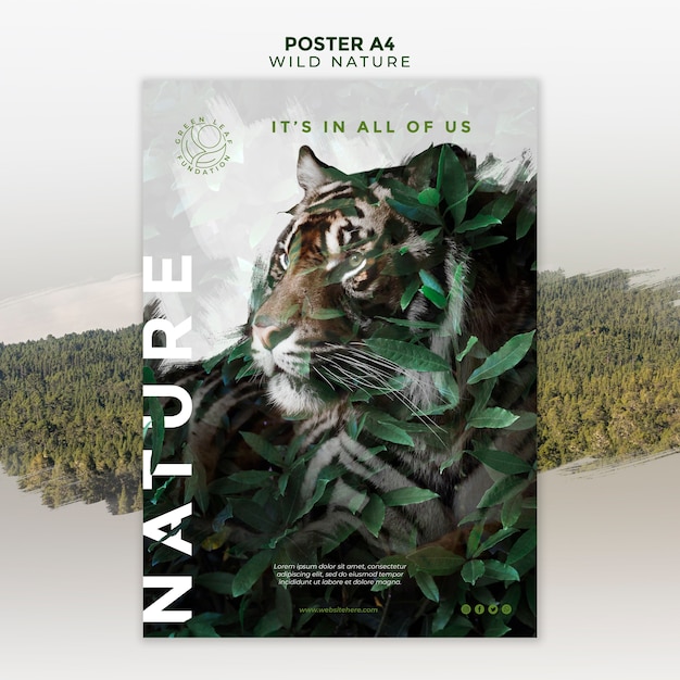 Download Wild nature tiger and leaves poster PSD file | Free Download