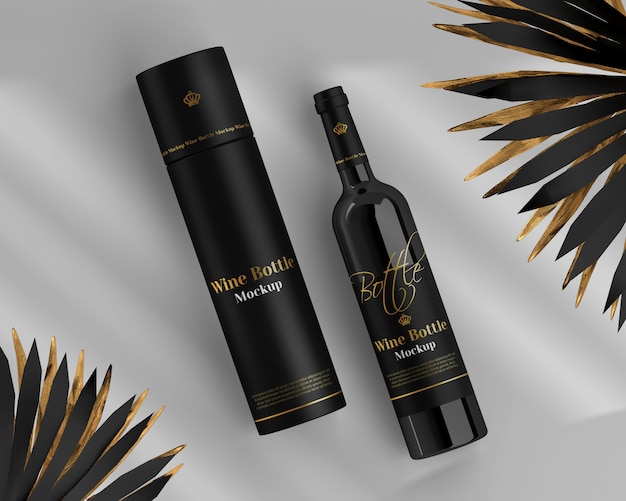 Download Wine bottle mockup with round box and palm | Premium PSD File