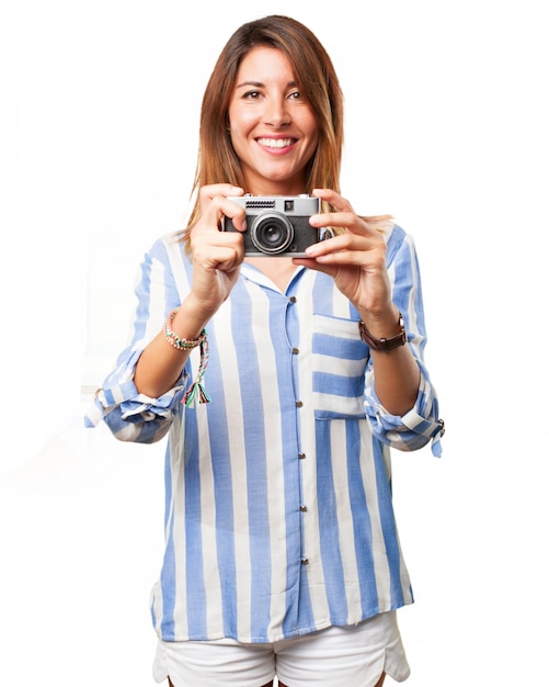 Download Woman using her old camera with a big smile PSD file ...