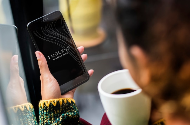 Download Woman Using A Mobile Phone Mockup In A Coffee Shop Psd Template New 6 000 Psd Mockups Packaging Free Download Templates PSD Mockup Templates