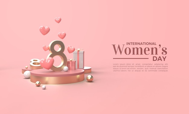 Women's day 3d render with gold numbers and several gift boxes Premium Psd