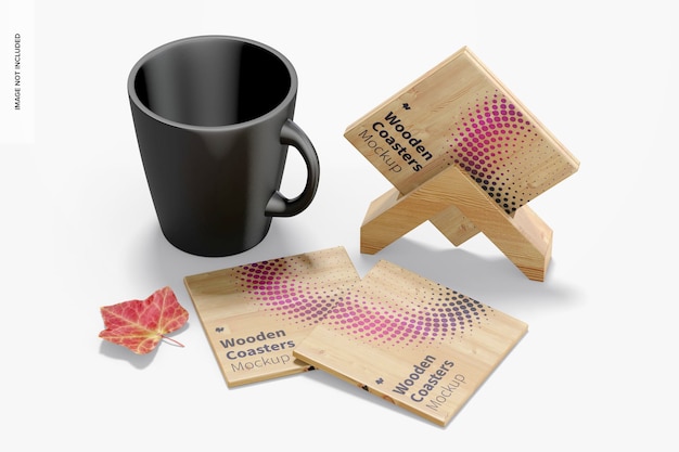 Free PSD | Wooden coasters with mug mockup