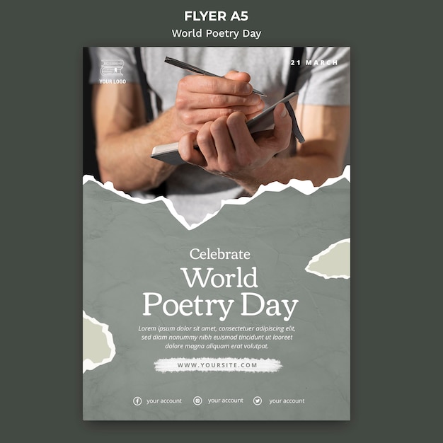 Free PSD | World poetry day event flyer template with photo