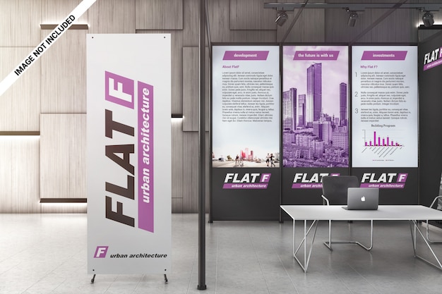 Download X-banner and graphic panels in exhibition hall mockup | Premium PSD File