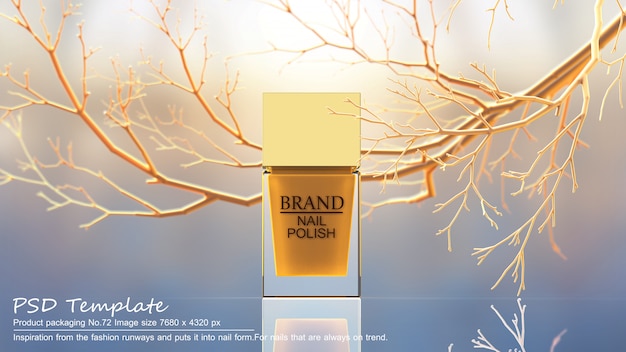 Yellow nail polish product on yellow trees background 3d render Premium Psd