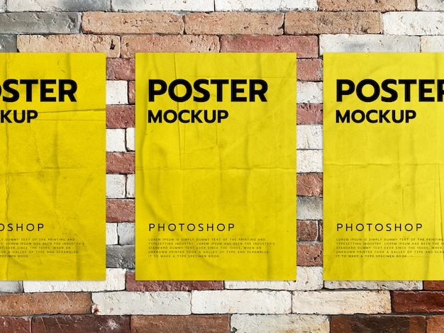 Download Premium Psd Yellow Posters On A Brick Wall PSD Mockup Templates