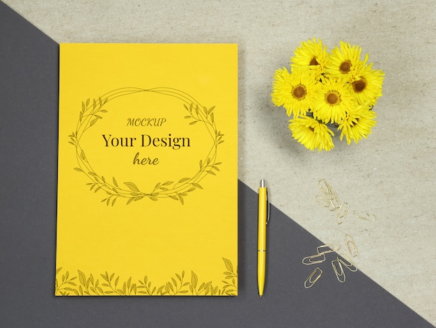 Download Yellow summer paper mockup with flowers, pen and gold ...