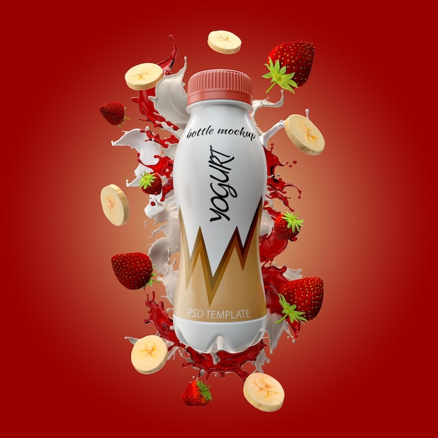 Download Premium PSD | Yogurt bottle with milk splash banana and strawberry mockup