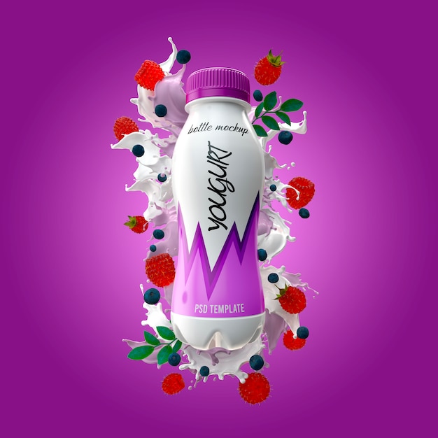 Download Premium PSD | Yogurt bottle with milk splash raspberry and blueberries mockup
