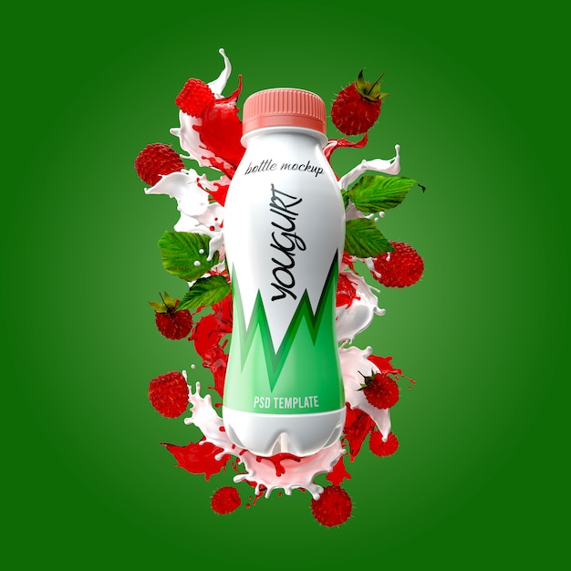 Download Premium PSD | Yogurt bottle with milk splash and raspberry mockup