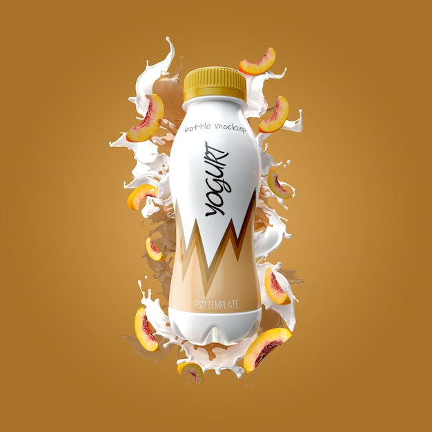 Download Yogurt bottle with splash and peach mockup | Premium PSD File