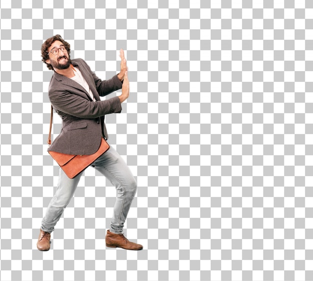 Young bearded businessman wearing blazer. pushing gesture with an empty blank Premium Psd