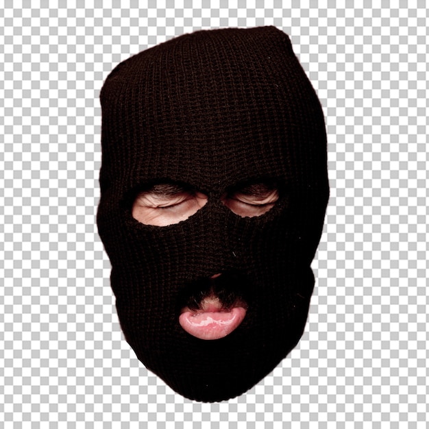 Download Premium Psd Young Crazy Bearded Man Cutout Head Expression Isolated Criminal With Ski Mask Role Sad Concept PSD Mockup Templates
