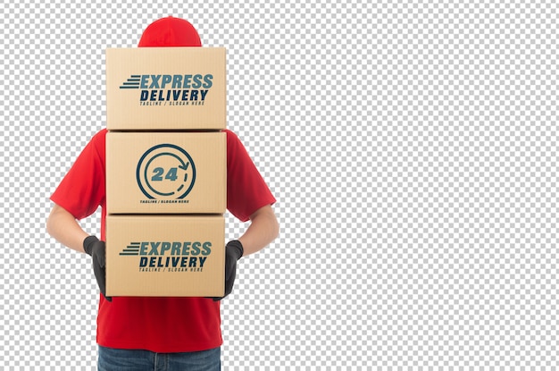 Download Young delivery man holding paper cardboard box mockup ...
