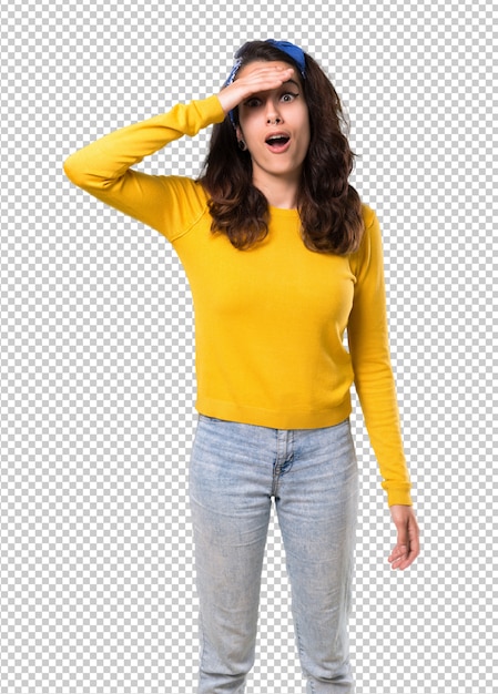 Download Premium PSD | Young girl with yellow sweater and blue ...