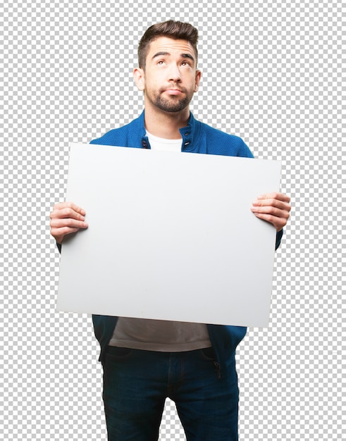 Premium PSD | Young man holding a banner