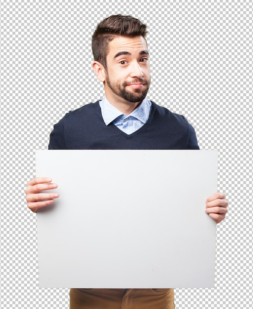 Premium PSD | Young man holding a banner