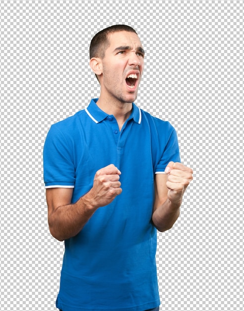 Premium PSD | Young man with victorious gesture