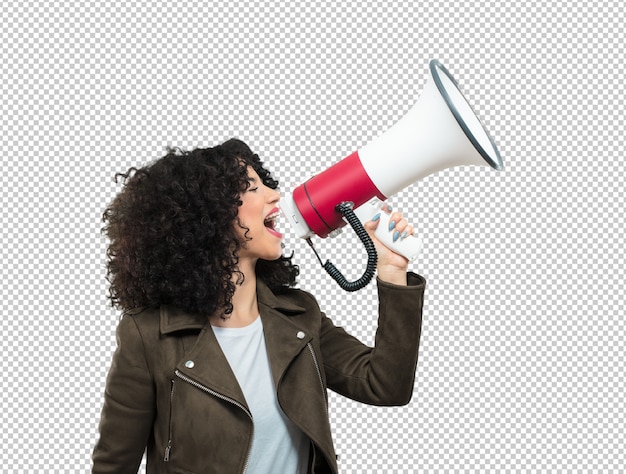 Young woman holding a megaphone | Premium PSD File