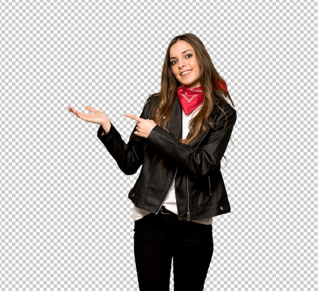 Download Premium PSD | Young woman with leather jacket holding ...