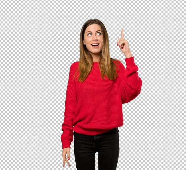 Young woman with red sweater intending to realizes the solution while lifting a finger up Premium Psd
