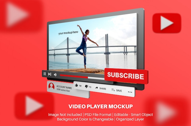 Download Premium PSD | Youtube video player mockup in 3d style