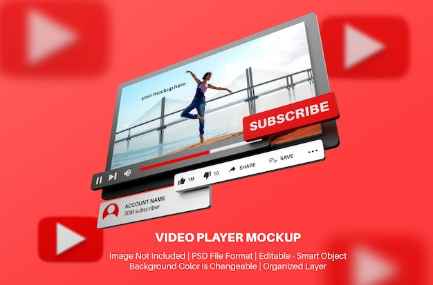 Premium PSD | Youtube video player mockup in 3d style