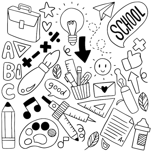 08-09-080 hand drawn set of school icons ornaments background patternflag Premium Vector