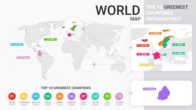 色付きの国と0の緑豊かな国のインフォグラフィックの世界地図イラスト プレミアムベクター