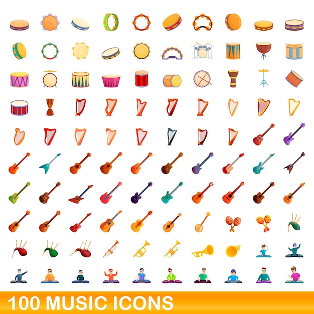 100の音楽アイコンが設定されています 分離された100の音楽アイコンセットの漫画イラスト プレミアムベクター