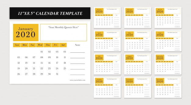 11x8.5 inch horizontal desk calendar 2020 new year vector design template set in yellow color theme Premium Vector