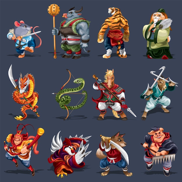 Premium Vector 12 Chinese Zodiac Animals With Kungfu Style