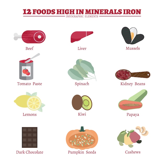 12 foods high in Minerals iron. Vector | Premium Download