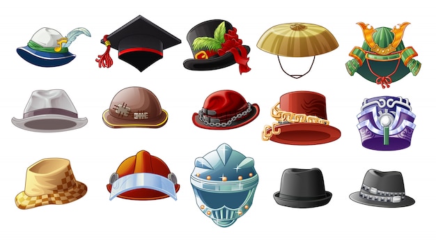 Premium Vector | 15 different hats in cartoon style on white background.