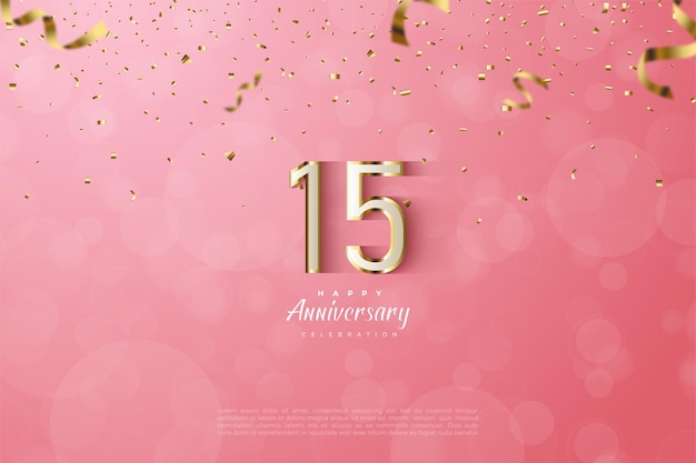 ピンクの背景に豪華な金の数字のイラストと15周年記念の背景 プレミアムベクター