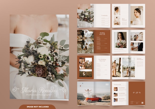 16ページのミニマリストの結婚式の写真のパンフレットのデザイン プレミアムベクター