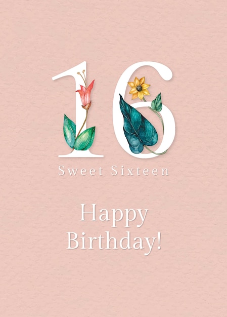 花の番号のイラストと16歳の誕生日の挨拶テンプレート 無料のベクター