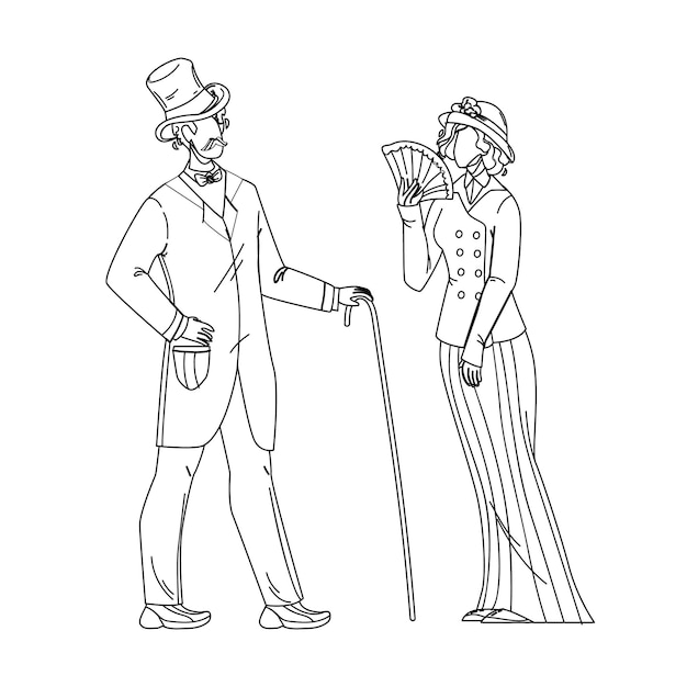 1900年ビクトリア朝の人々の女性と紳士の黒い線の鉛筆画のベクトル 杖とレトロな服のファンとビクトリア朝のスタイルのカップルの男性 キャラクターエレガントな古着イラスト プレミアムベクター