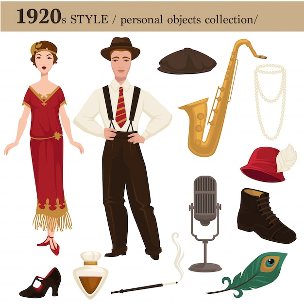 1920ファッションスタイルの男性と女性の個人的なオブジェクト