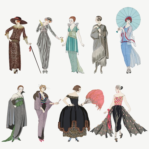 19年代の女性のファッションベクトルセット Georgebarbierによるアートワークからのリミックス 無料のベクター