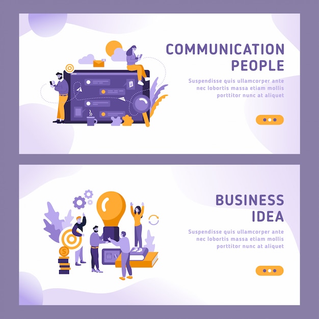 ランディングページの2つのイラストテンプレート コミュニケーションとビジネスのアイデア スマートフォンとメッセージを持つ人々の間のコミュニケーション プレミアムベクター