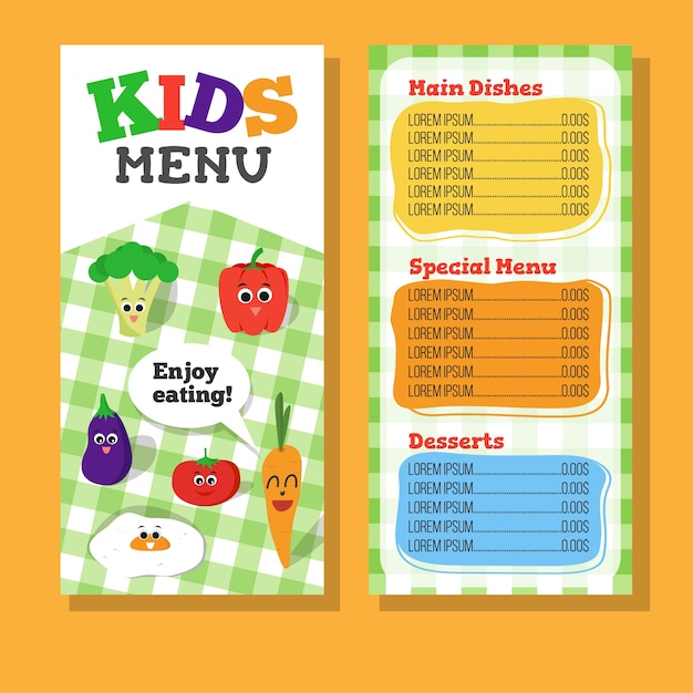 Premium Vector | 2 pages kids menu design with vegetable for restaurant