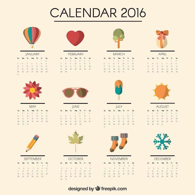 かわいいアイコンで2016年カレンダー 無料のベクター