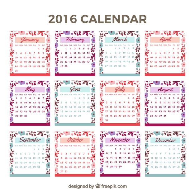 花の詳細とかわいい2016年カレンダー 無料のベクター