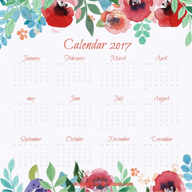 Free Vector | 2017 Calendar With Watercolor Flowers