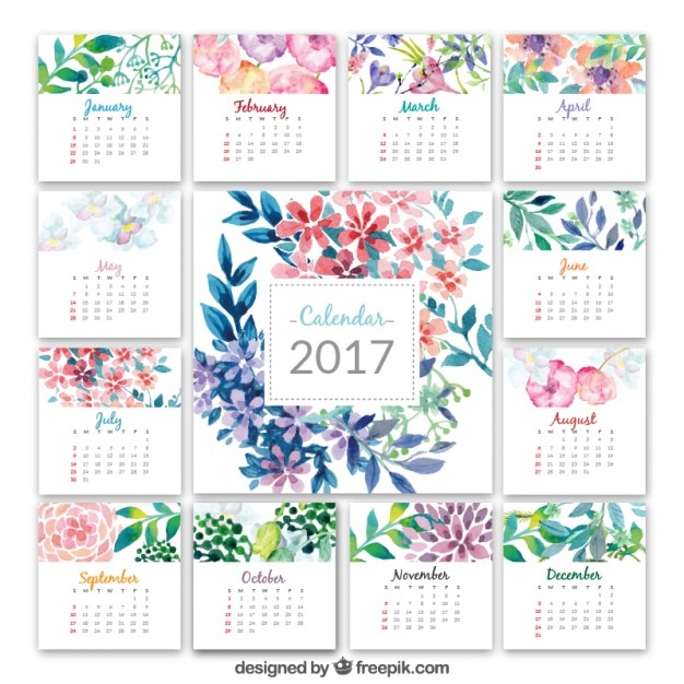 水彩花カレンダー2017 無料のベクター