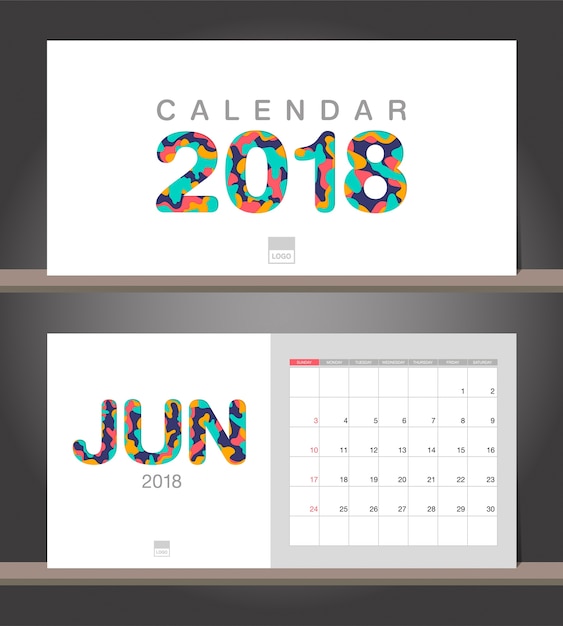 18年6月のカレンダー 紙カッティングスタイルのデスクカレンダーモダンデザインテンプレート プレミアムベクター