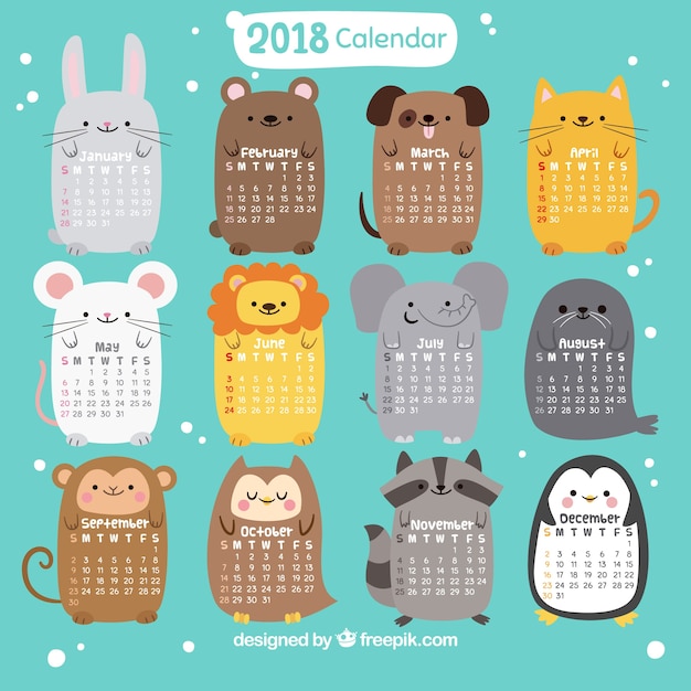 2018 calendar with nice animals Vector | Free Download